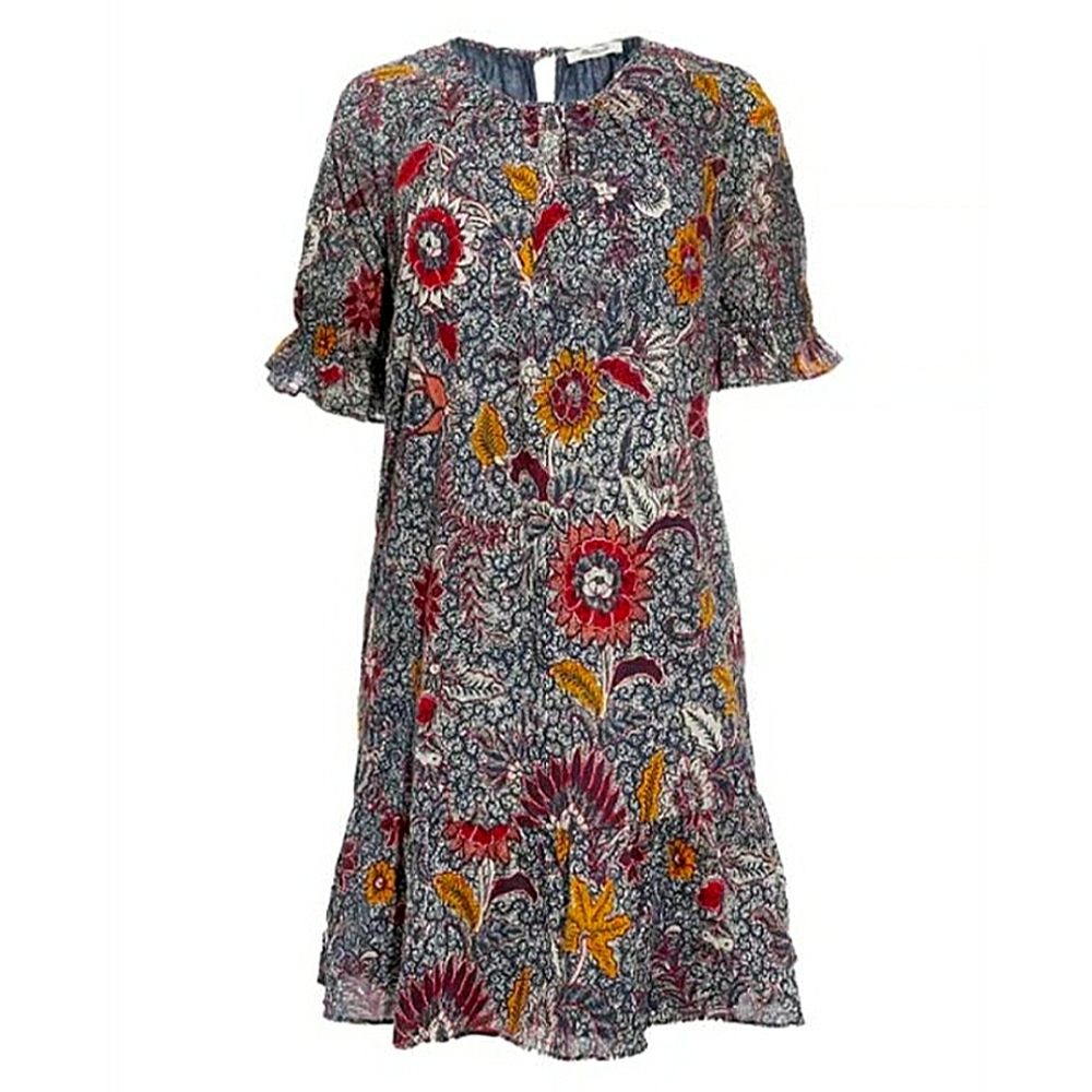 Madewell Ruffle Sleeve Bali Bloom Boho  Dark-floral Cotton Mini Dress Fall Moody